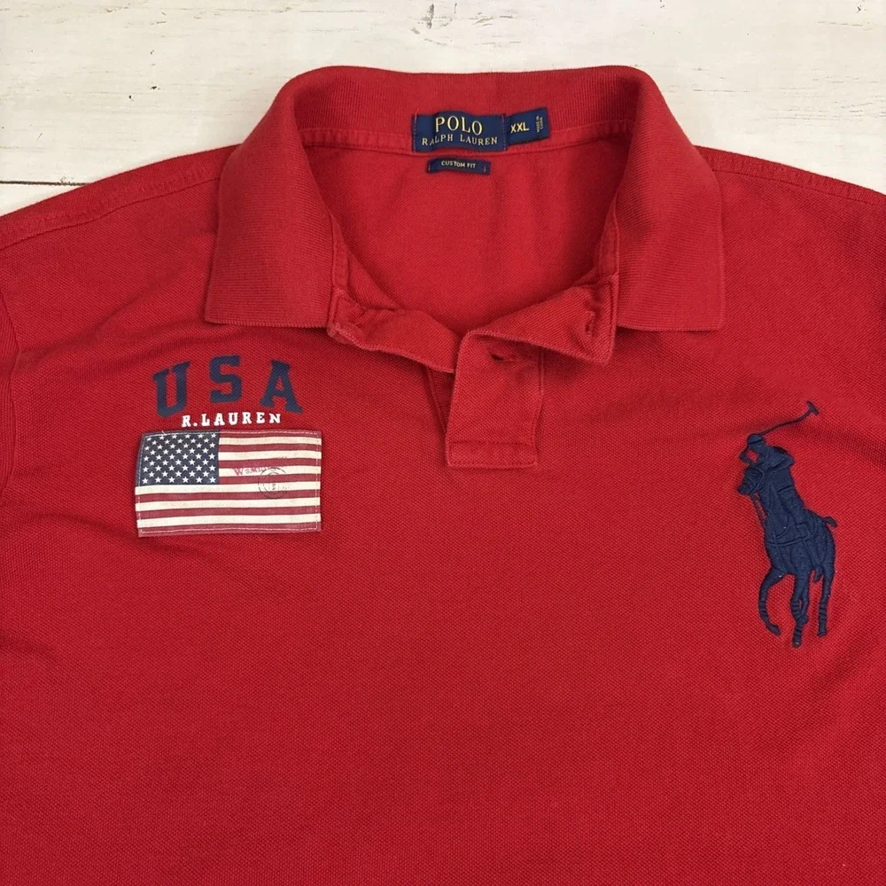 Polo Ralph Lauren Custom Fit Big Pony Polo Shirt Mens 2XL Red Flag Logo
